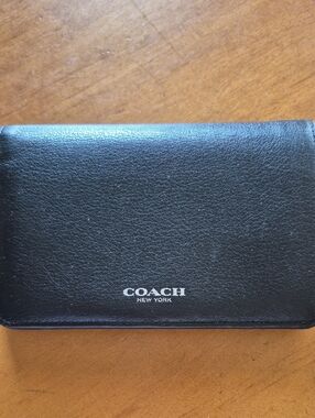 Coach Black Leather Slim Card Wallet with Silver Logo